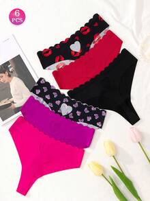 6 Pcs Women Plus Size Sexy Cute Hollow Out Love Shape Sexy Thong, Pink Stretchy Panties, Women's Lingerie & Underwear