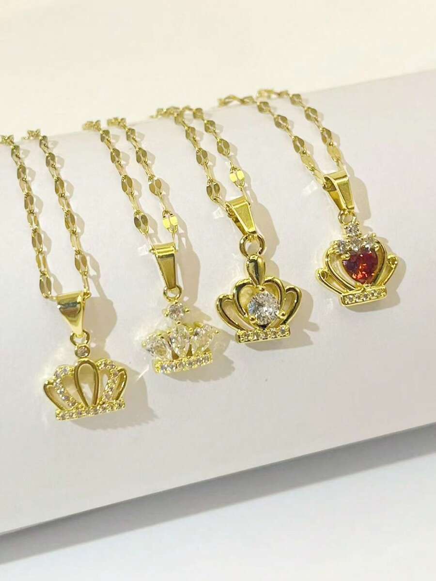 1 件不锈钢方晶锆石皇冠项链，适合女性、派对、约会、婚礼的礼物