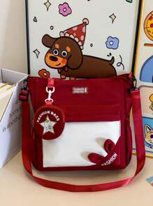 1 pieza Bolso de hombro con combinación de colores para niñas, versátil y de moda, bolso escolar informal con cierre de cremallera, adecuado para uso diario y en el campus
