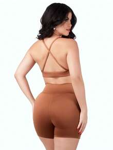 Work Fitness Kit 2 Set Of Backless Top With Cross Straps And Basic Premium Bermuda Shorts - Chocolate Brown - View 3