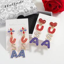 1Pair American Flag Color USA Letter Rhinestone Rice Bead Heart Shape Drop Earrings, Women's Independence Day Party Gift Earrings Pendant