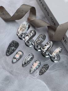 Halten Sie Ihre Nägel immer schön mit 10 Stücke mandelförmige, modernistische, schwarze Glitzer 3D-Druck Silber Chrom Vanity Full Cover Fake Nail Set, Boho Meerjungfrau, weiße Schmetterlinge, Sterne, nordisches Full Cover Acryl Falschnagel-Set für Frauen und Mädchen, klassische handgefertigte Nägel mit 1 Stück Mini-Nagelfeile & 1 Blatt Klebestreifen