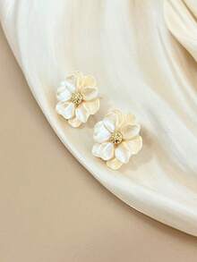 1 对简约花卉树脂耳环，独特设计，适合婚礼、派对、日常佩戴，时尚奢华感耳环，适合女性 - 米色 - 查看 2