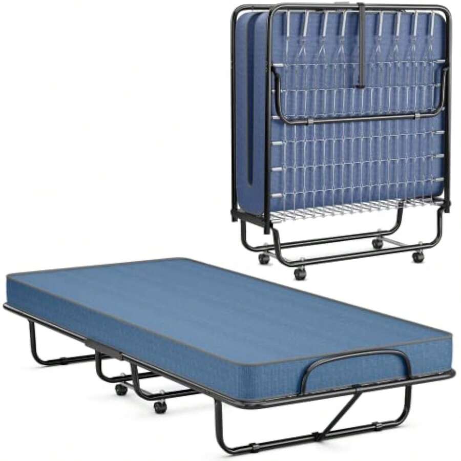 Twin Folding Bed With 5 Inch Mattress Twin Size, Rollaway Bed With Memory Foam Mattress, Portable Fold Up Guest Bed With Steel - 1 - View 1