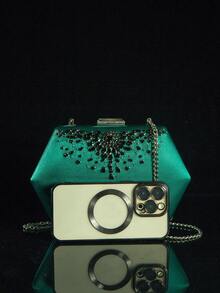 Hexagonal Hand-Stitched Rhinestone Evening Bag, Heavy Industries Elegant Box Clutch Purse For Ladies, Party/Prom/Wedding - Dark Green - View 2