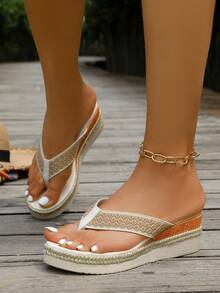 Women's Contrast Color Webbing Toe Strap Thick Sole Summer Beach Vacation Casual Wear Comfortable Versatile Half-Sling Sandals - Beige - View 5