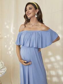 Maternity Off Shoulder Split Hem Ruffle Trim Dress - 淺藍色 - 查看 6