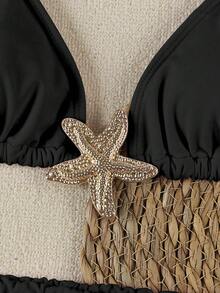 Conjunto de bikini de 3 piezas elegante y sexy de color negro sólido con estrella de mar, nuevo lanzamiento primavera/verano de Polovedo para playa, fiesta y citas - Negro - Ver 4
