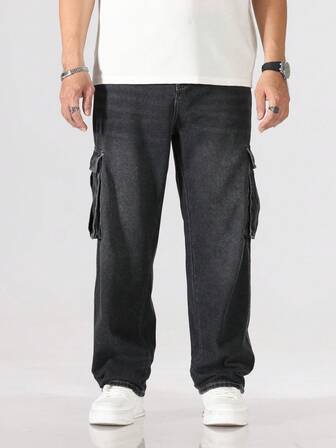 Plus Size Men's Utility Pocket Washed Denim Jeans, Black Washed Utility Straight Leg Pants