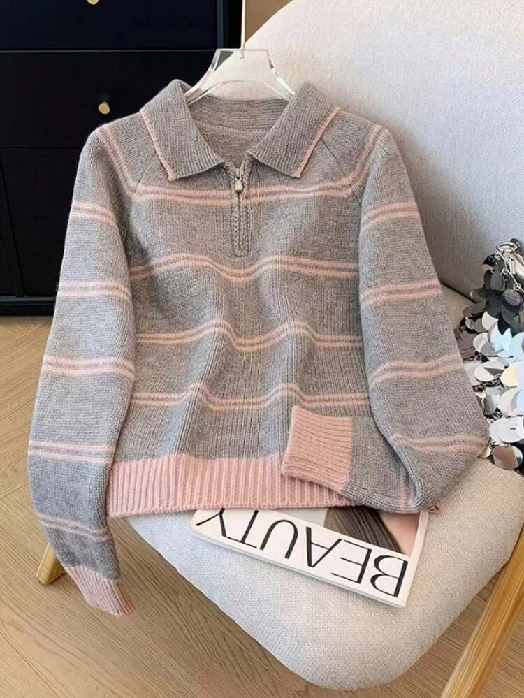 Loose Half Zip Striped Knit Sweater - Grey - View 1