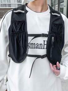 1 件纯黑/灰色反光带休闲个性街头风格男士胸包，适合户外运动、骑行、徒步旅行，可容纳手机、身份证、银行卡、钥匙，是节日和男士礼物的必备品