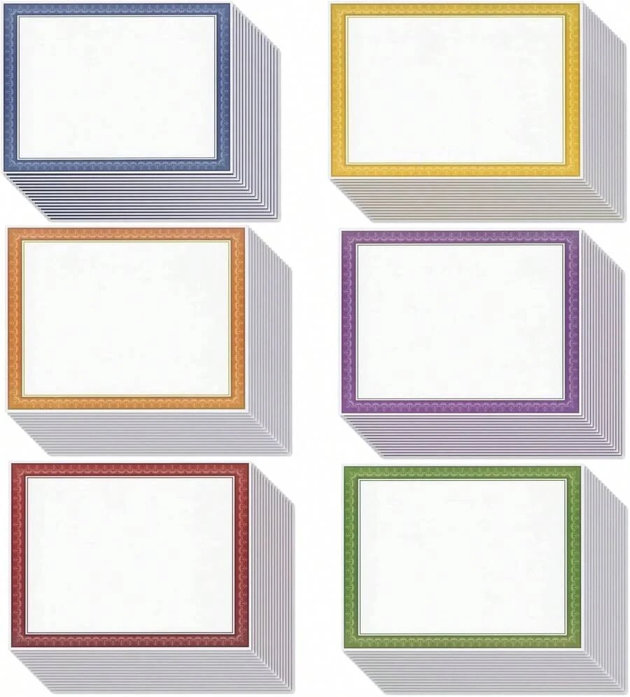 96 Sheets Certificate Paper For Printing - Customizable Blank Cardstock With Colored Borders For Graduation Diploma, Achievement Awards, Recognition Documents (8.5 X 11 In, 6 Assorted Colors) - Multicolor - View 1