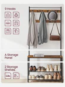 Coat Rack, Coat Stand With Shoe Storage Bench, Hall Tree With Shoe Rack, 3-In-1 Design, Steel Frame, For Hallway, Entrance, 32 X 85 X 175 Cm, Industrial Style, Walnut Brown And Black - 白色 - 查看 7
