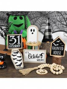 Décoration de plateau à plusieurs étages pour Halloween, décoration de fête d'Halloween, chauve-souris effrayante et fantôme, décorations en bois pour ambiance (plateau non inclus)