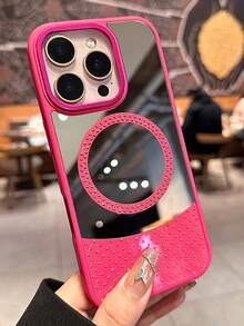 Capa de celular luxuosa com espelho magnético e strass 2 em 1, compatível com iPhone 16, 15, 14, 13, 12, 11 Pro Max e 16 Pro Max, capa traseira magnética com carregamento sem fio e à prova de choque - Rosa Quente - Ver 1
