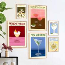1pc Gift Vintage Cocktail Canvas Painting Pasta Juice Martini Whiskey Sour Wall Arts Posters Living Room Kitchen Decor Optional Frame ,Wall Art With Frame - Multicolor - View 2