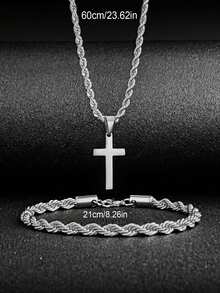 2件套复古男女通用扭纹不锈钢项链和手链套装，父亲节、圣诞节、新年、情人节礼物