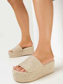 Sandalias tipo "flip-flop" con plataforma, tiras anchas y cordones de atar, con punta abierta - Beis - Ver 2