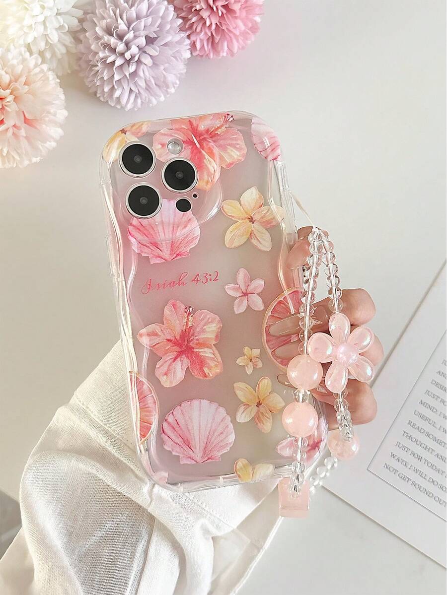 花朵手机壳，奶油色纹理，波浪边，亮面花朵贝壳彩绘，防摔手机壳，配手工串珠花朵手链配件，兼容 16/11/16 Pro/16 Plus/16 Pro Max/16 e/15 Pro Max/13/14/12/XS/XR/7G/8P，兼容Galaxy 11/12 Pro/12/12 X/13 Pro/14 Pro/15 Pro，兼容Redmi 10/9/Note9/12c/Note11 Pro/Note8 Pro，防水防震防刮。 - 彩色 - 查看 1