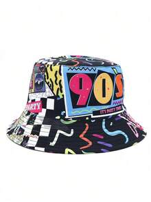 1 件男士彩色涂鸦磁带 90 年代图案双面复古渔夫帽，适合旅行和派对街头 - 彩色 - 查看 12