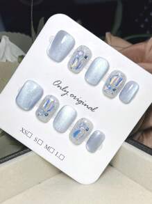 10PCS Blue Press On Nails, CoffinNails, Short Nails, Summer Nails, Cute Cat Eating Fish High-End Hand-Painted Nails, Nail Supplies ,Home DIY Nail Design Full Coverage Fake Nail Tips Artificial Fingernails For Women And Girls Manicure Supplies Office Daily Wear False Nails Purely Hand-Made Nails