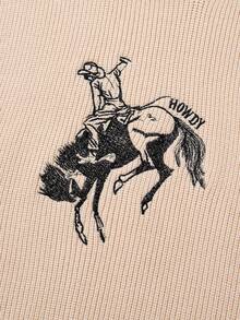 Acelitt Oatmeal "HOWDY" Cowboy Rodeo Pattern Turtleneck Short Sleeve Sweater - Khaki - View 8