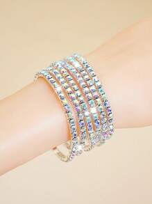 1 Set Of Multiple Strips Dazzling Sparkling Rhinestone Stretch Bangles Set - Adjustable Elastic Design, Bling Bridal Wedding Party Style, Nightclub Decor, Fashionable Accessory For Women, Perfect Gift For Friends And Family