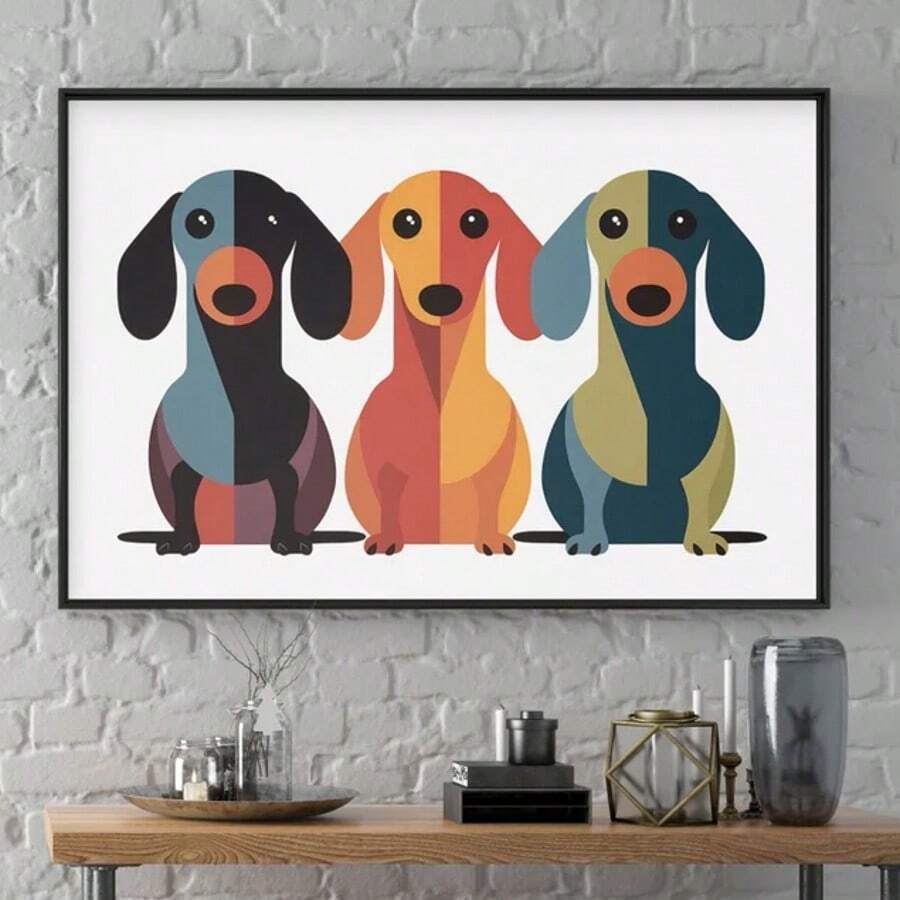 1 件中世纪现代腊肠犬三重奏帆布印刷海报 - 色彩鲜艳且风格化，无框墙壁艺术，适合家庭、办公室、客厅、卧室、咖啡厅装饰 - 送给爱狗人士、节日和乔迁、卧室墙壁装饰的理想礼物|极简主义狗艺术|现代美学、狗装饰、圣诞装饰