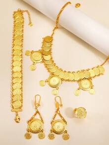 5pcs/Set Vintage Textured Gold Coin Jewelry Set Copper Jewelry Set Suitable For Girl Women Holiday Gift Partiesomen Holiday Gift Parties - Yellow Gold - View 1