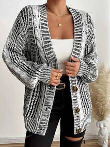 Mature & Elegant European Style Fashion Colorblock Loose Fit Plus Size Women Cardigan, Versatile Long Sleeve Knit Sweater