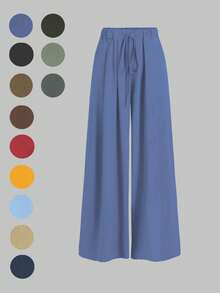飘逸阔腿裤：轻盈梭织面料搭配弹力抽绳腰带，修身显瘦，是通勤、购物和居家休闲的必备单品。新款春秋季女式休闲裤，适合约会、学生和日常出行。百搭风格，休闲、海滩等场合皆可穿着。抽绳腰带设计，适合外出和居家穿着。 - 藍色 - 查看 3