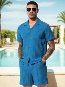 2 piezas Conjunto de camisa de Verano para hombre,  Estilo caballero vintage casual,  cómodo y versátil - Azul oscuro - Ver 5