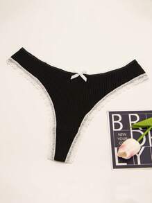 5 pezzi Perizoma sexy da donna in pizzo con fiocco, texture nera carino