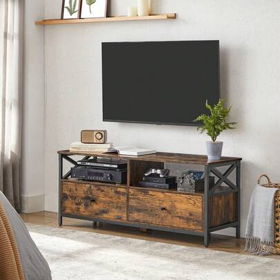 TV Cabinet TV Unit For 55-Inch TV, Living Room, With 2 Drawers, 2 Storage Shelves, 120 X 40 X 50 Cm, Steel Frame, Industrial Style, Rustic Brown And Black