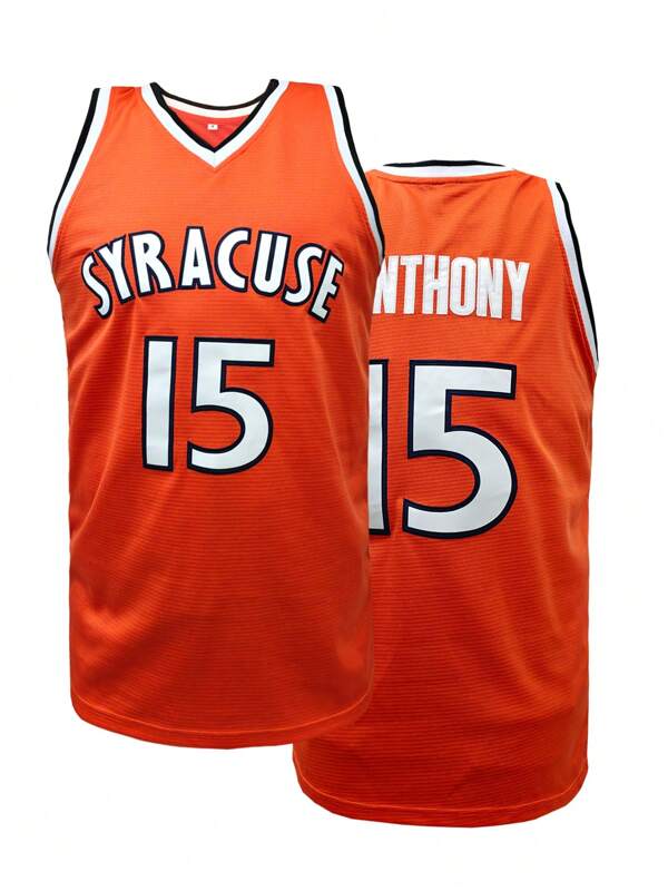 Men's #15 Syracuse Orange Basketball Jersey, Loose Fit V-Neck Sleeveless Graphic Vest, Suitable For Basketball, Sports, Running, Workout