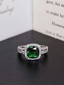 MOONSO 1pc Luxury Elegant Diamond-Encrusted Four-Claw Cubic Zirconia Ring For Women, Suitable For Weddings, Parties, And Daily Wear - Green - View 1