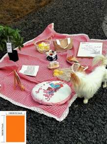 1 pieza Manta de picnic tejida a cuadros rosados, estilo granja americana con encaje, gruesa y de uso múltiple para campamento, playa, sofá, comidas al aire libre y relajación, decoración del hogar