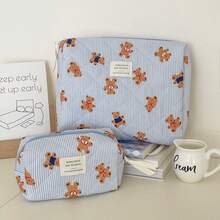 3 PiecesMakeup Bag Quilted Makeup Bag Silk Ribbon Makeup Bag Set Flower Travel Washbag - Royal Blue - View 4