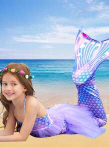 3 Pcs Mermaid Costume,Mermaid Tail For Girls Role-Play,Children Beach/ Pool Swimsuit , Princess Dress Bikini Bathing Costume,No Flippers