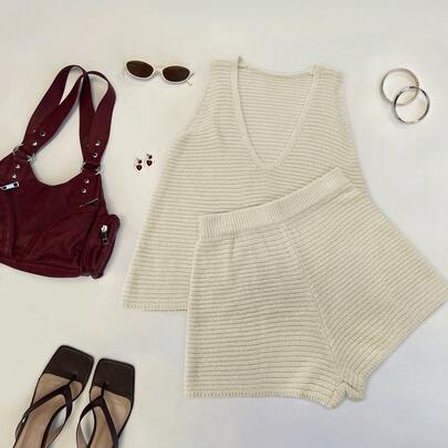 Women's Knit Sexy Top And Shorts Set, Suitable For Summer Daily Wear, Vacation, Sexy Style, All White Set