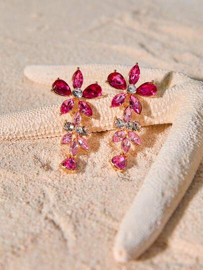 Tropiscape 1pair Fashionable Geometric Shape Colorful Rhinestone Decor Long Palace Style Flower Dangle Earrings For Women, Statement Accessory, Gift Valentines, Mom, Mother, Mother's Day, Gift Vacay Vibes Vacation Relax Beach Autumn Winter Gifts