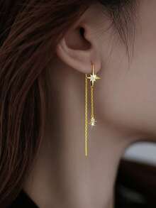 1 Pair S925 Sterling Silver Star Tassel Earrings For Women, Minimalist Elegant Style Dangle Earline, Fashionable Versatile Jewelry Gift - Star - View 9