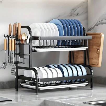 2-Tier Carbon Steel Dish Rack with Plastic Dividers, Utensil Holder & Cutting Board Storage, Space-Saving Kitchen Organizer for Home And Boat, Lockable Design, Black