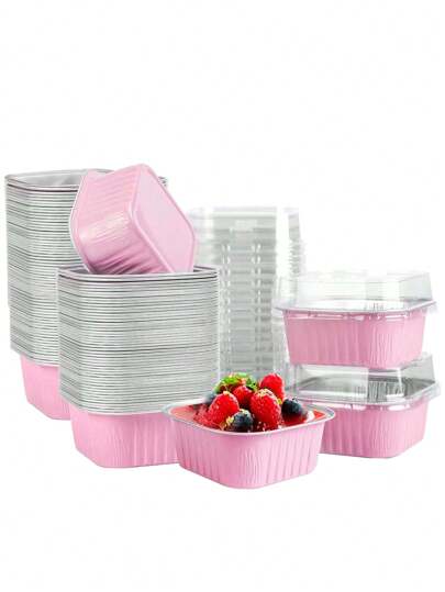 40 piezas/30 piezas Moldes para cupcakes mini con tapas, tazas de hornear de aluminio para cupcakes, tazones de hornear cuadrados, aptos para cupcakes, muffins, postres, pudines, dulces de boda y fiesta de cumpleaños, color rosa