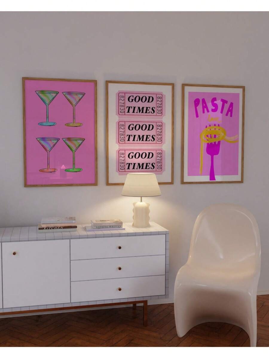 Set de 3 tablouri cu apartamente, poster roz pentru bucătărie, imprimare cu iubitor de paste, Martini, artă de perete retro roz, imprimare cu bilet, decor de perete Preppy, GenZ, imprimare pe pânză, pictură, postere și tablouri de artă de perete pentru decorarea camerei de zi, cadru opțional - 3 buc/set - Vizualizare 1