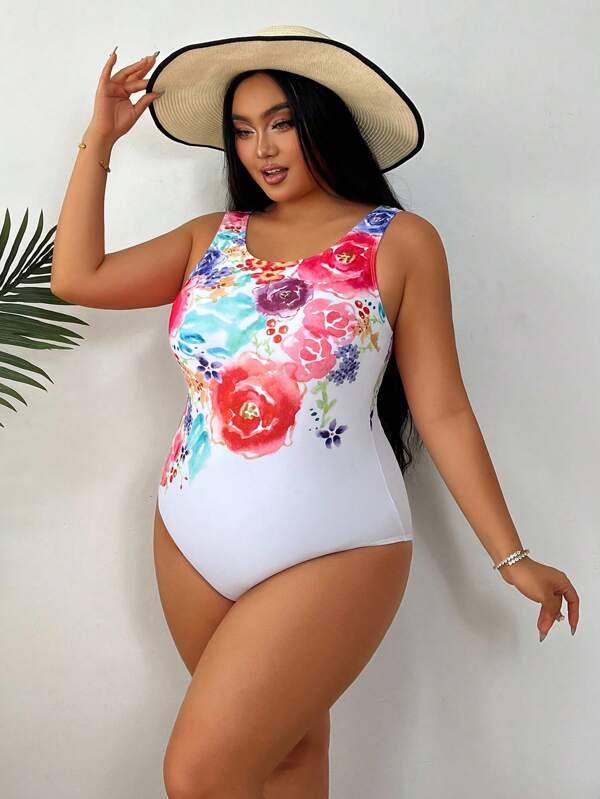 Große Größen Einteiliger Badeanzug mit Blumenmuster für Damen für den Strandurlaub im Sommer