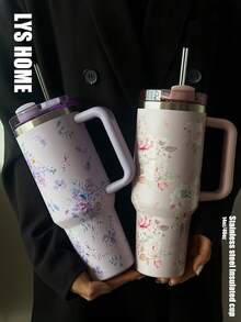 1pc Watercolor Floral Design 40oz-14oz Large Capacity Travel Mug With Handle, Stainless Steel Insulated Cup, Suitable For Car, Travel, School, Office, Outdoor, Gym, Home, Perfect Gift For Women, Teens, Holidays, Birthdays (With Straw)
