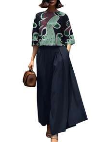 ZANZEA Elegant Women Floral Printed 3/4 Flare Sleeve Tops T Shirt Wide-Leg Long Pants Palazzo Trousers Summer Holiday Casual 2pcs Sets Outfits - 深藍色 - 查看 2