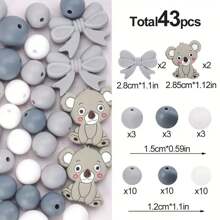 36/38/43pcs Cute Silicone Bead Set, 12mm/15mm Solid Color Koala Pattern Round Loose Beads, Used For DIY Jewelry Making, Key Chain, Pen Strap, Bracelet, Necklace, Pendant Handcraft Supplies