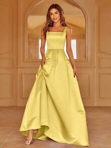 Faeriesty 女士优雅缎面方领系带连衣裙，曳地长裙摆，尽显奢华气质 | 适合盛大晚宴、婚礼或红毯活动的奢华晚装，也是夏季度假的理想之选